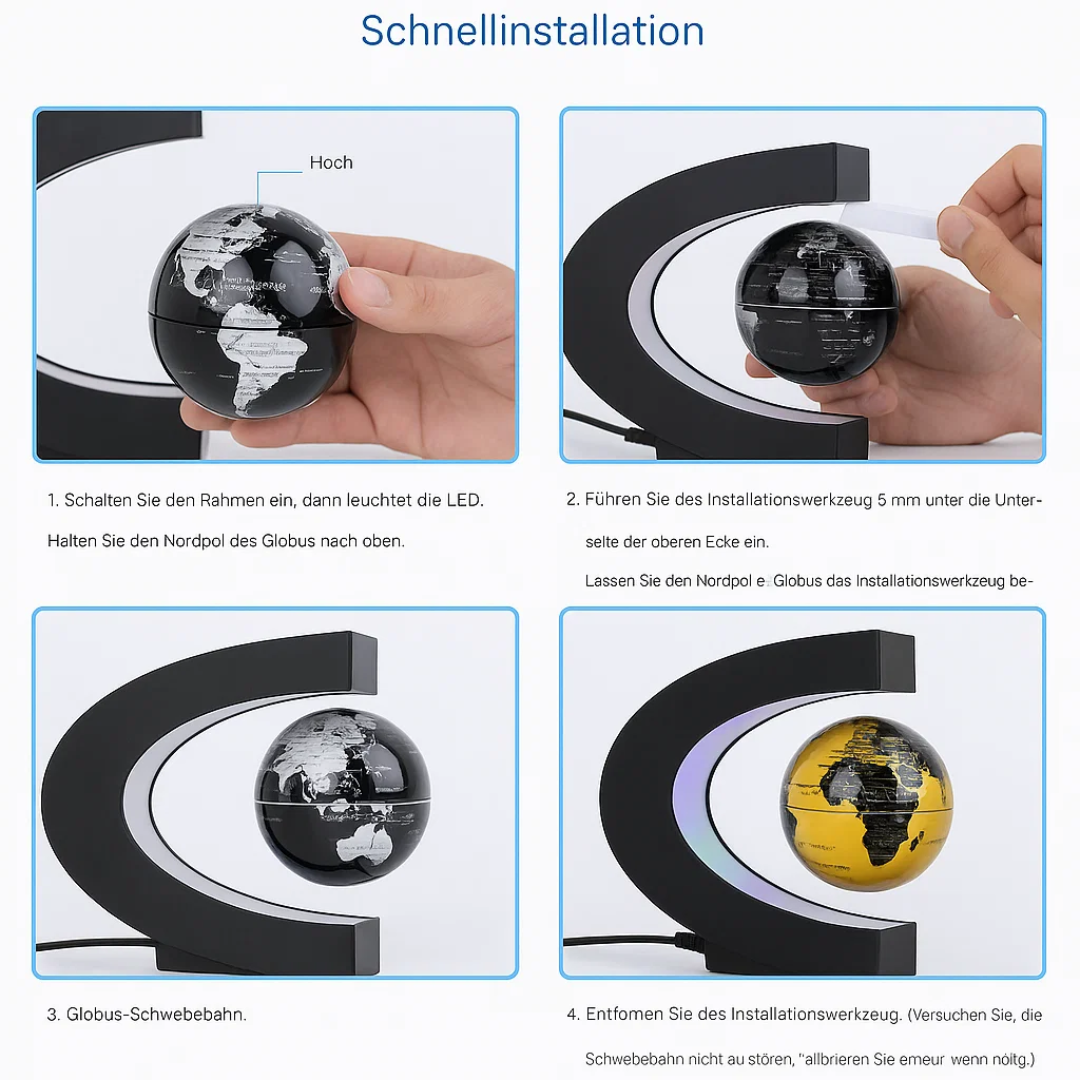 Schwebender LED-Globus mit Magnetaufhängung – Globuslampe mit C-Halter, beleuchtete Weltkarte, 4 Netzadapter EU/US/UK/AU