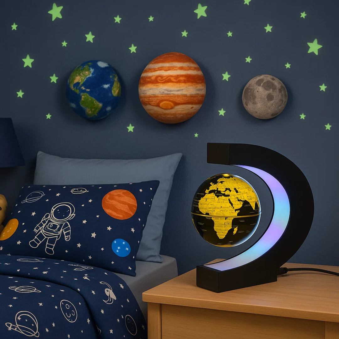Schwebender LED-Globus mit Magnetaufhängung – Globuslampe mit C-Halter, beleuchtete Weltkarte, 4 Netzadapter EU/US/UK/AU