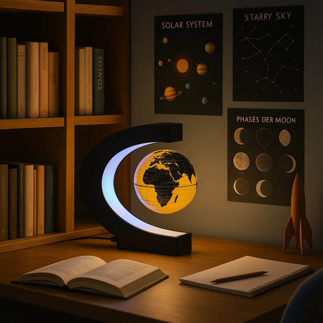 Schwebender LED-Globus mit Magnetaufhängung – Globuslampe mit C-Halter, beleuchtete Weltkarte, 4 Netzadapter EU/US/UK/AU