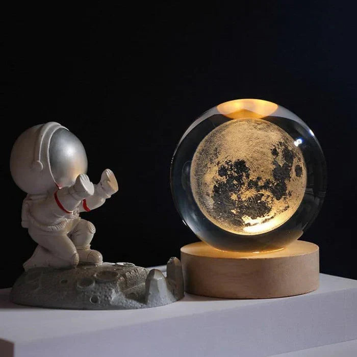 Night Light with 3D Engraved Glass Sphere and Wooden Base