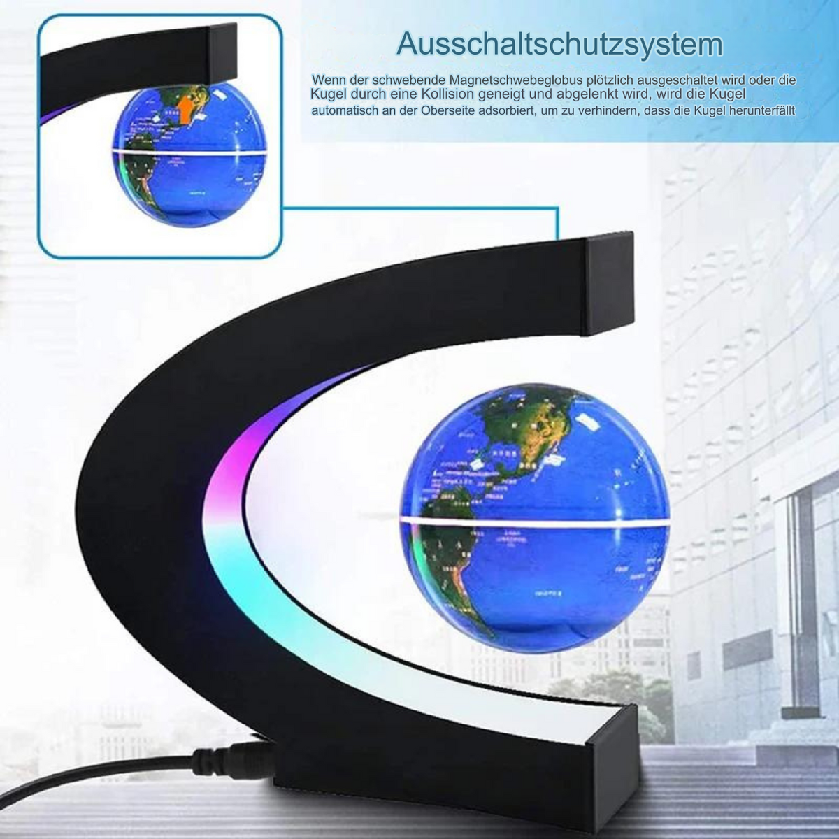Schwebender LED-Globus mit Magnetaufhängung – Globuslampe mit C-Halter, beleuchtete Weltkarte, 4 Netzadapter EU/US/UK/AU