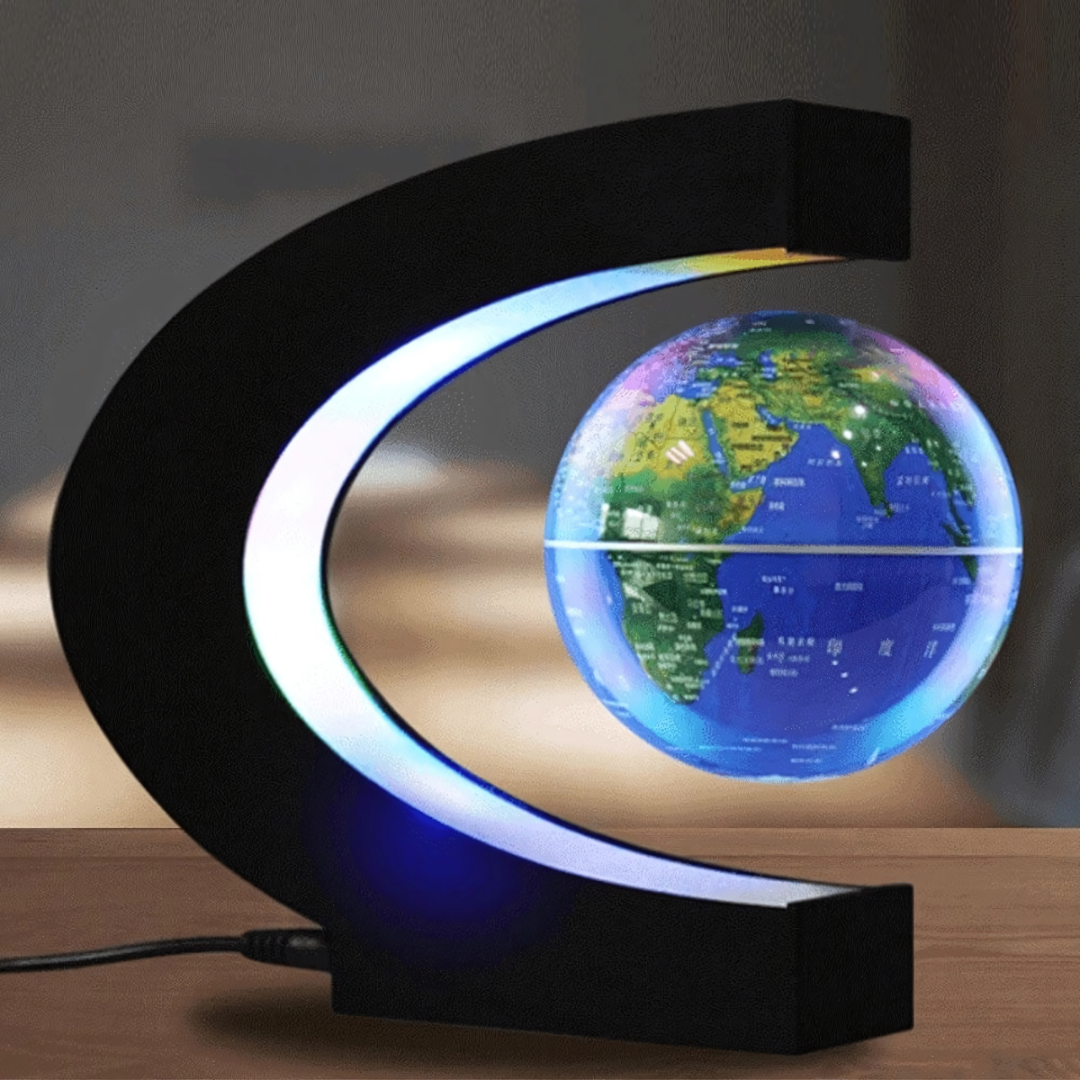 Schwebender LED-Globus mit Magnetaufhängung – Globuslampe mit C-Halter, beleuchtete Weltkarte, 4 Netzadapter EU/US/UK/AU