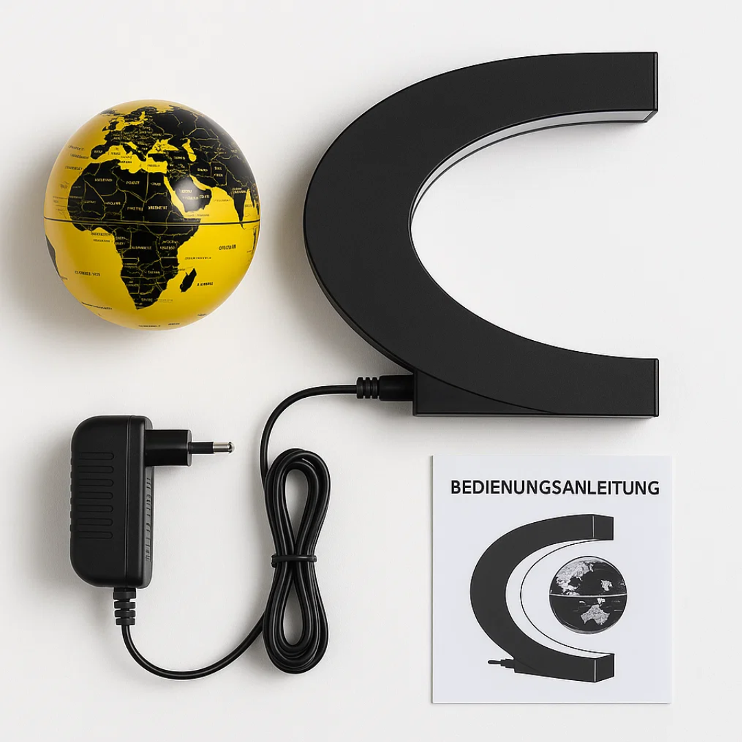 Schwebender LED-Globus mit Magnetaufhängung – Globuslampe mit C-Halter, beleuchtete Weltkarte, 4 Netzadapter EU/US/UK/AU