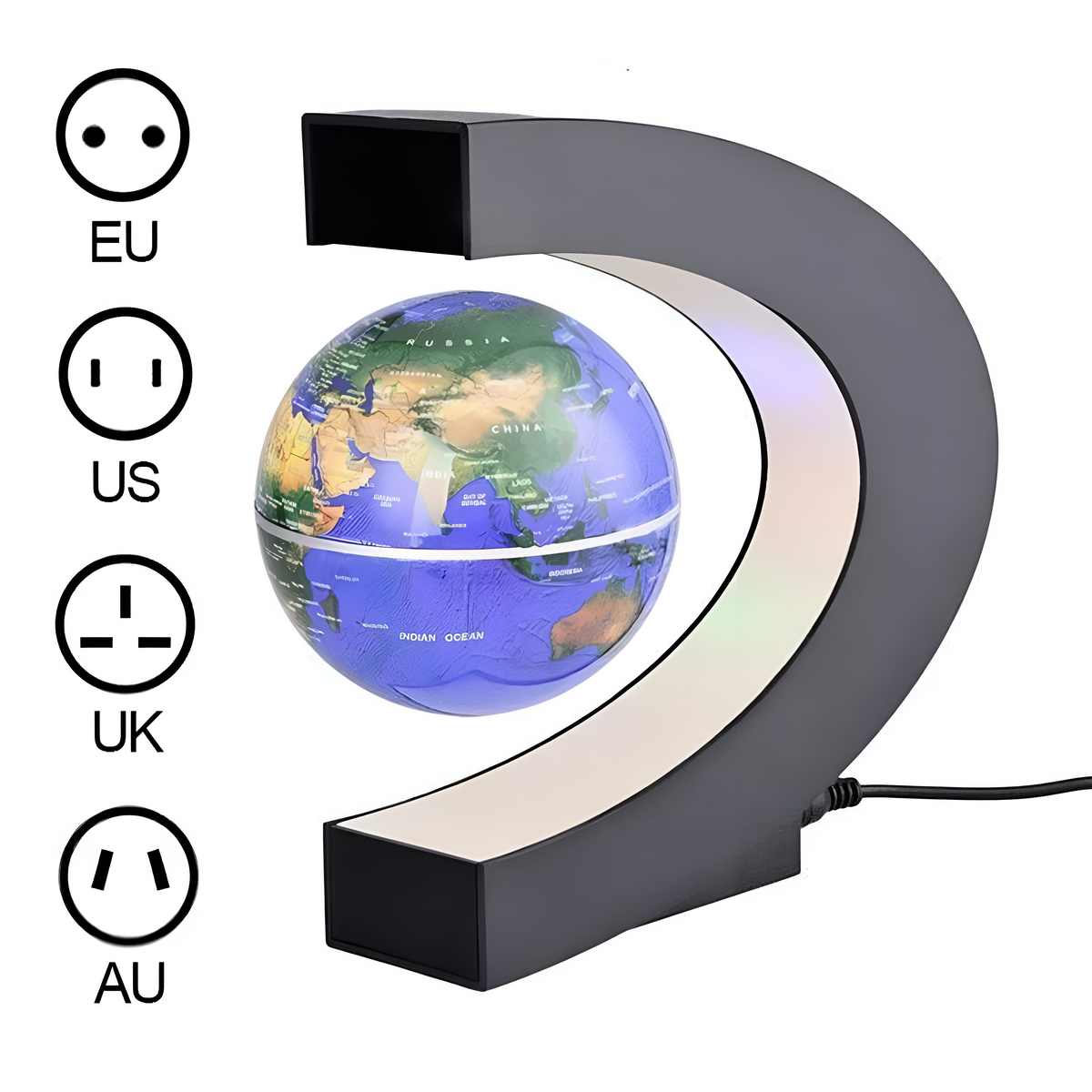 Schwebender LED-Globus mit Magnetaufhängung – Globuslampe mit C-Halter, beleuchtete Weltkarte, 4 Netzadapter EU/US/UK/AU