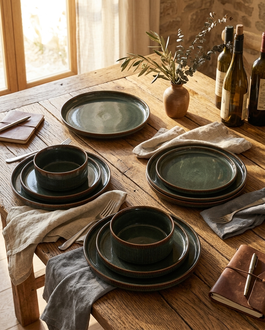 Dinnerware Sets in Ribbed Stoneware with Reactive Glaze