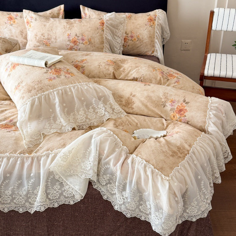 Double Duvet Covers in Cotton Gauze with Lace Ruffles, Cottagecore