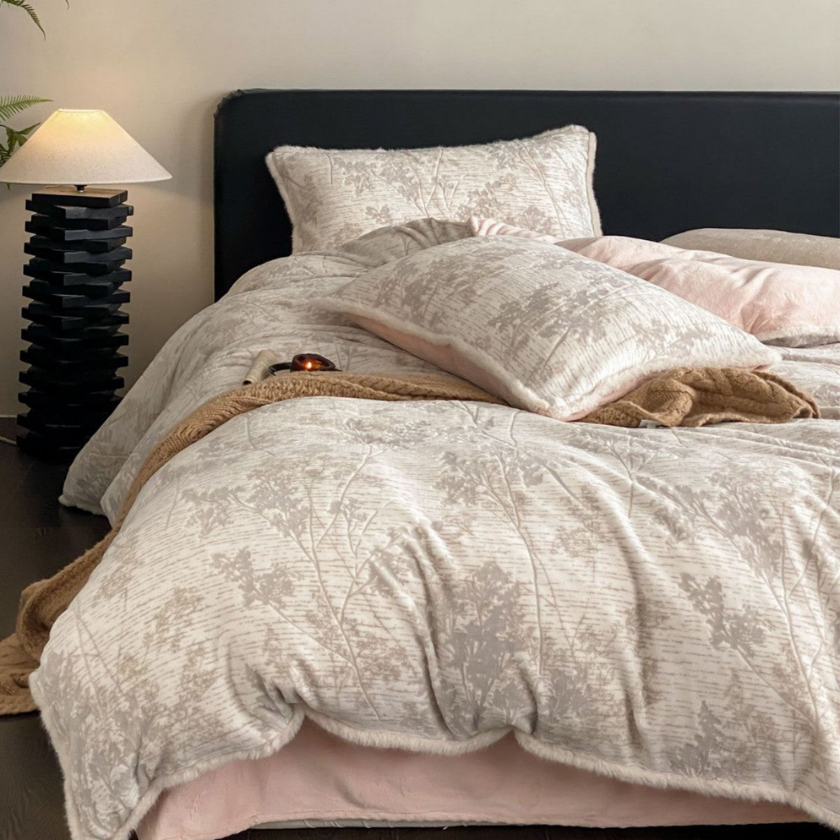 Fleece Bedding Reversible Plush Duvet Cover with Pom-Pom Pillowcases