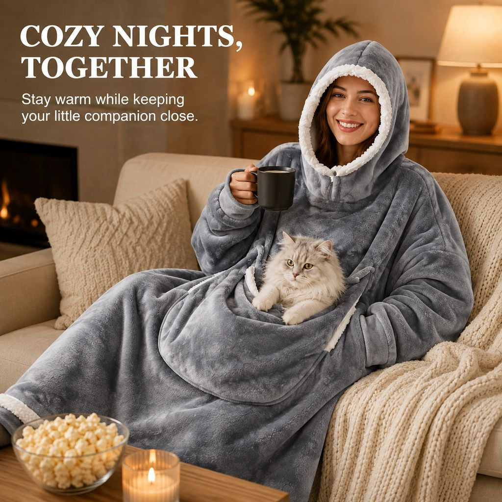 Heated Blanket Hoodie with Sherpa Lining, Oversized Pet Pouch