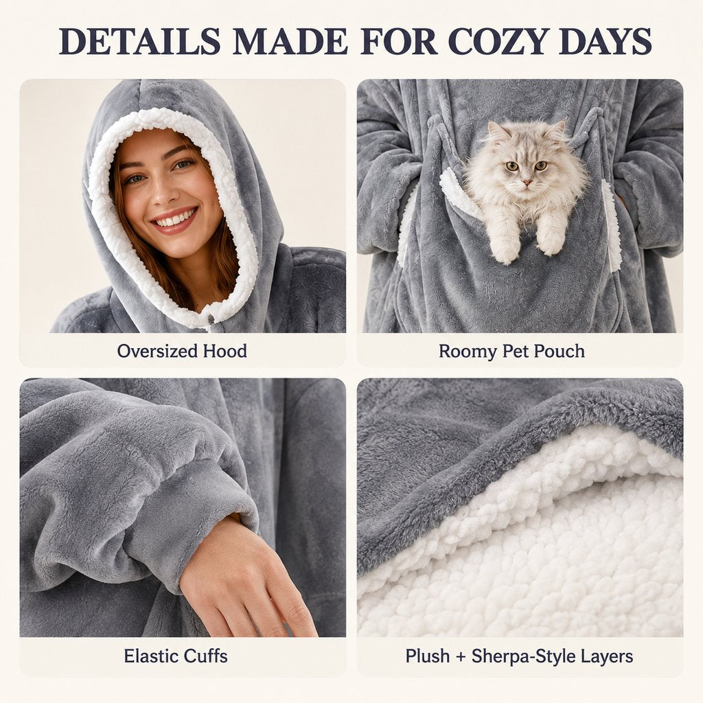 Heated Blanket Hoodie with Sherpa Lining, Oversized Pet Pouch