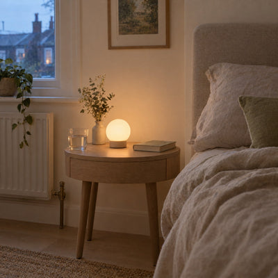 Soft night light on a bedside table beside linen bedding