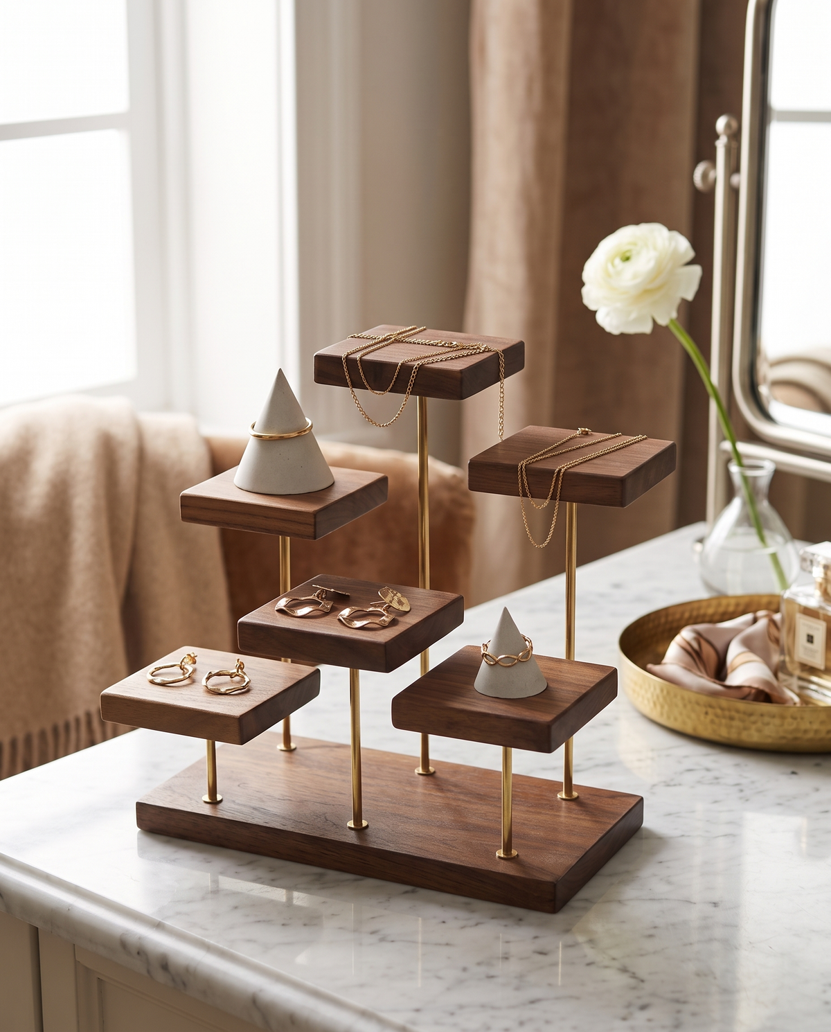 Jewellery Organiser in Walnut and Brass, Stepped Display Stand
