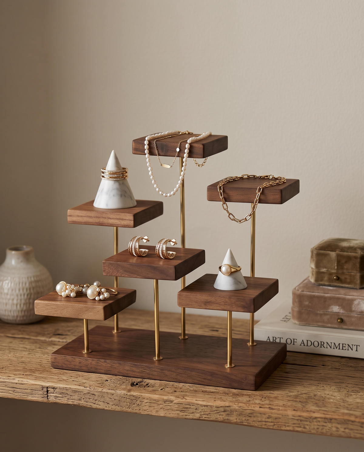 Jewellery Organiser in Walnut and Brass, Stepped Display Stand