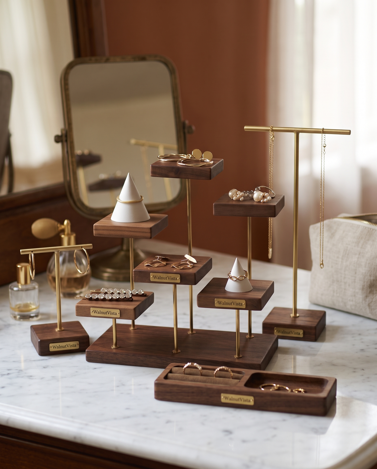 Jewellery Organiser in Walnut and Brass, Stepped Display Stand