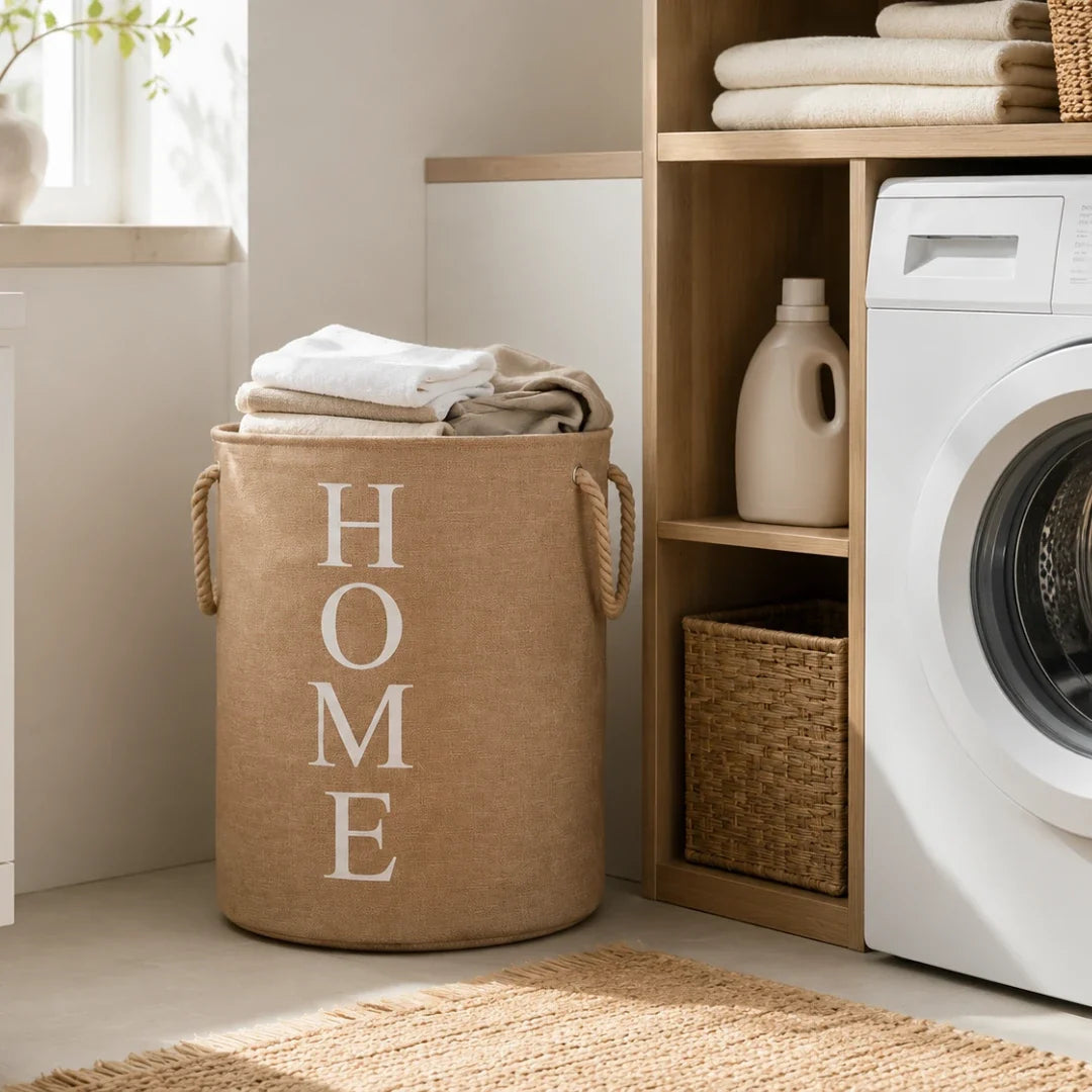 Laundry Basket in Woven Linen Look, Foldable and Breathable