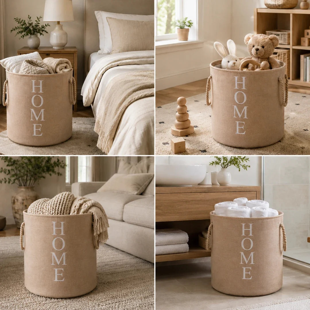 Laundry Basket in Woven Linen Look, Foldable and Breathable