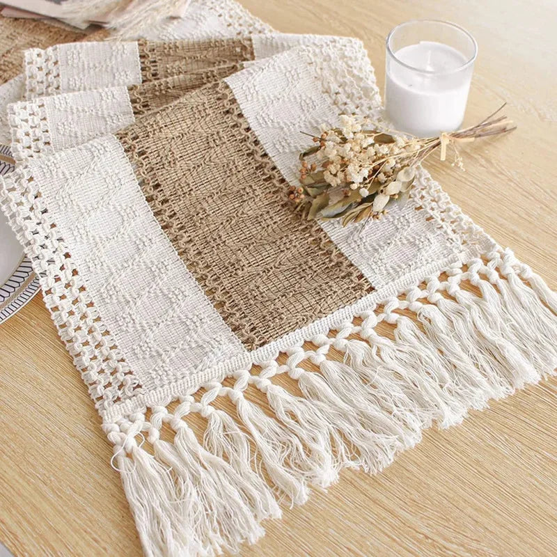 Table Runner Cotton-Linen Blend, Boho Striped Weave with Tassels