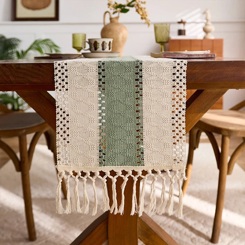 Table Runner Cotton-Linen Blend, Boho Striped Weave with Tassels