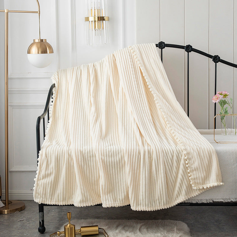 Sofa Throws in Soft Ribbed Plush with Pom-Pom Trim