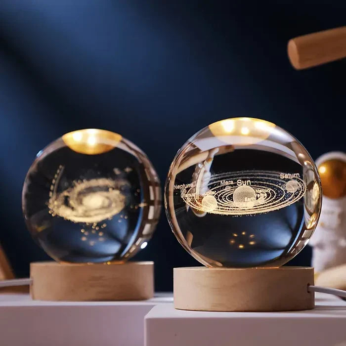 Night Light with 3D Engraved Glass Sphere and Wooden Base - view 3