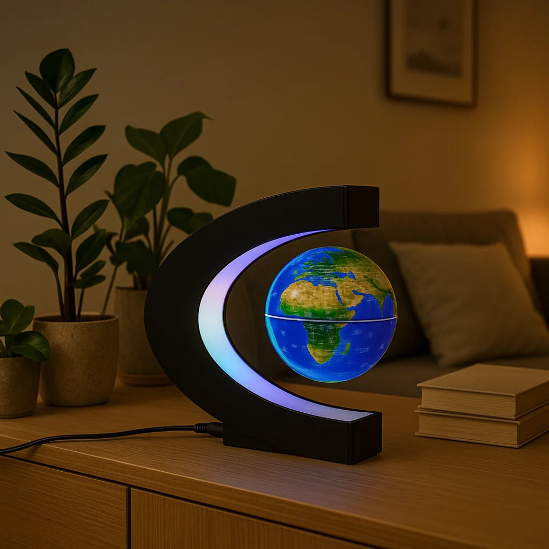 Schwebender LED-Globus mit Magnetaufhängung – Globuslampe mit C-Halter, beleuchtete Weltkarte, 4 Netzadapter EU/US/UK/AU