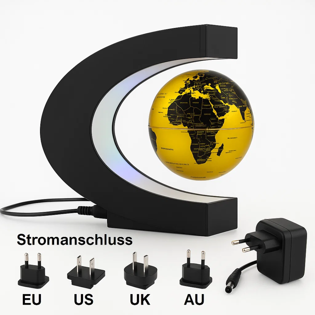Schwebender LED-Globus mit Magnetaufhängung – Globuslampe mit C-Halter, beleuchtete Weltkarte, 4 Netzadapter EU/US/UK/AU