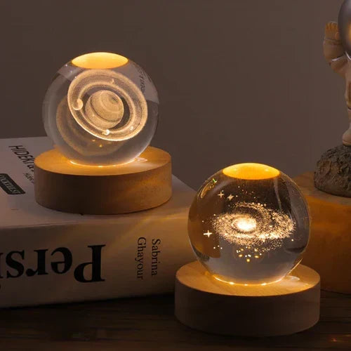Night Light with 3D Engraved Glass Sphere and Wooden Base - view 2