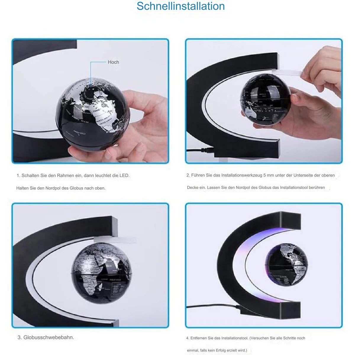 Schwebender LED-Globus mit Magnetaufhängung – Globuslampe mit C-Halter, beleuchtete Weltkarte, 4 Netzadapter EU/US/UK/AU