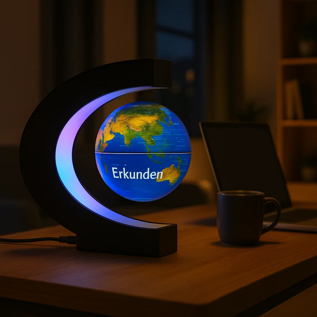 Schwebender LED-Globus mit Magnetaufhängung – Globuslampe mit C-Halter, beleuchtete Weltkarte, 4 Netzadapter EU/US/UK/AU