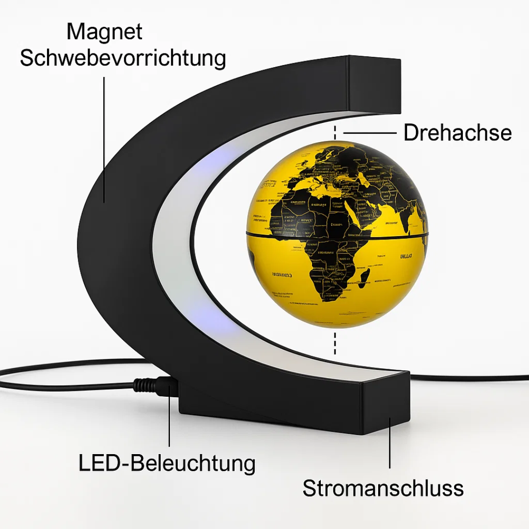 Schwebender LED-Globus mit Magnetaufhängung – Globuslampe mit C-Halter, beleuchtete Weltkarte, 4 Netzadapter EU/US/UK/AU
