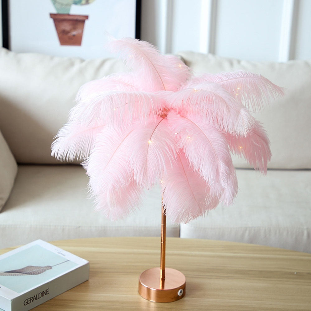 Feather Lamp with Rose Gold Base and Battery or USB Power