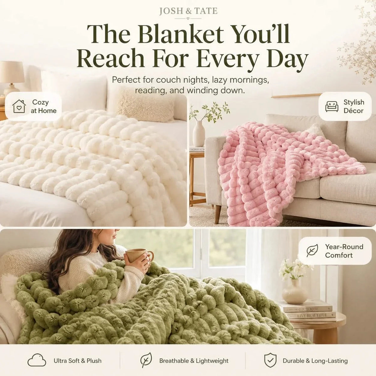 Bed Throws in Soft Ribbed Fleece, Heavy Machine-Washable Blanket