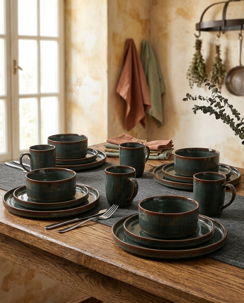 Dinnerware Sets in Ribbed Stoneware with Reactive Glaze