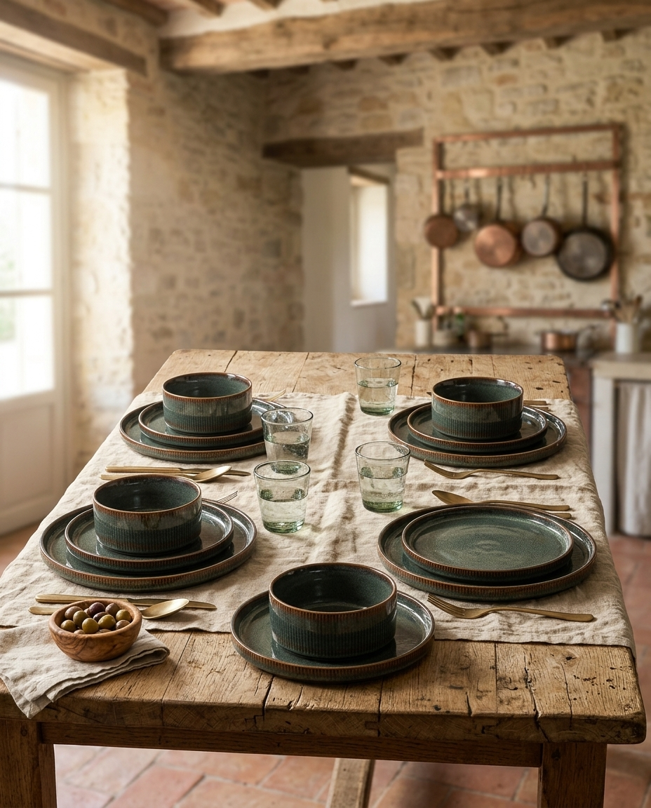 Dinnerware Sets in Ribbed Stoneware with Reactive Glaze