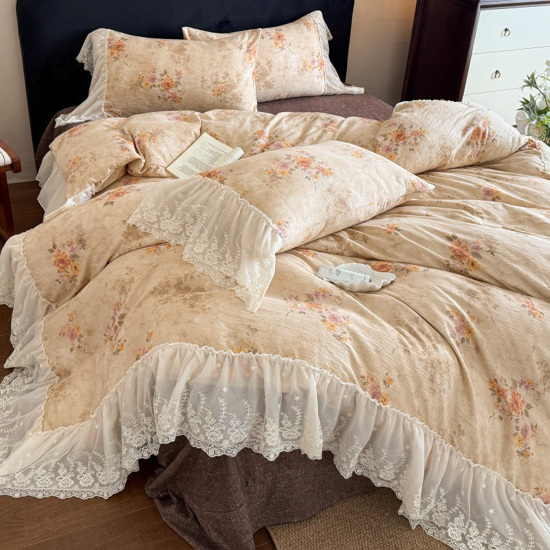 Double Duvet Covers in Cotton Gauze with Lace Ruffles, Cottagecore