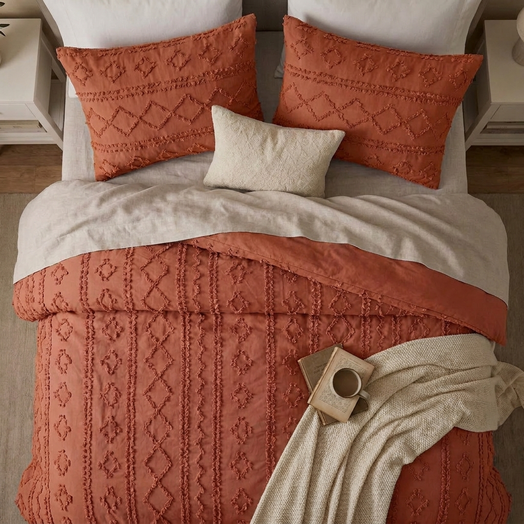 Duvet Covers with Tufted Boho Texture and Matching Pillowcases