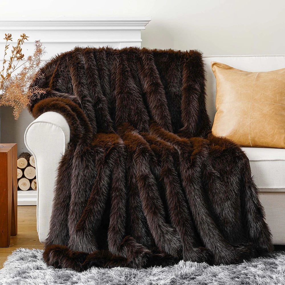 Faux Fur Throw Blanket with Long-Pile Texture and Velvet Backing