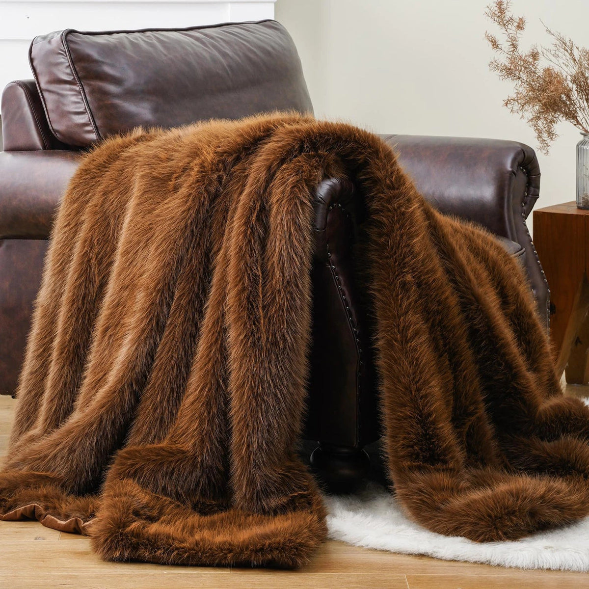 Faux Fur Throw Blanket with Long-Pile Texture and Velvet Backing