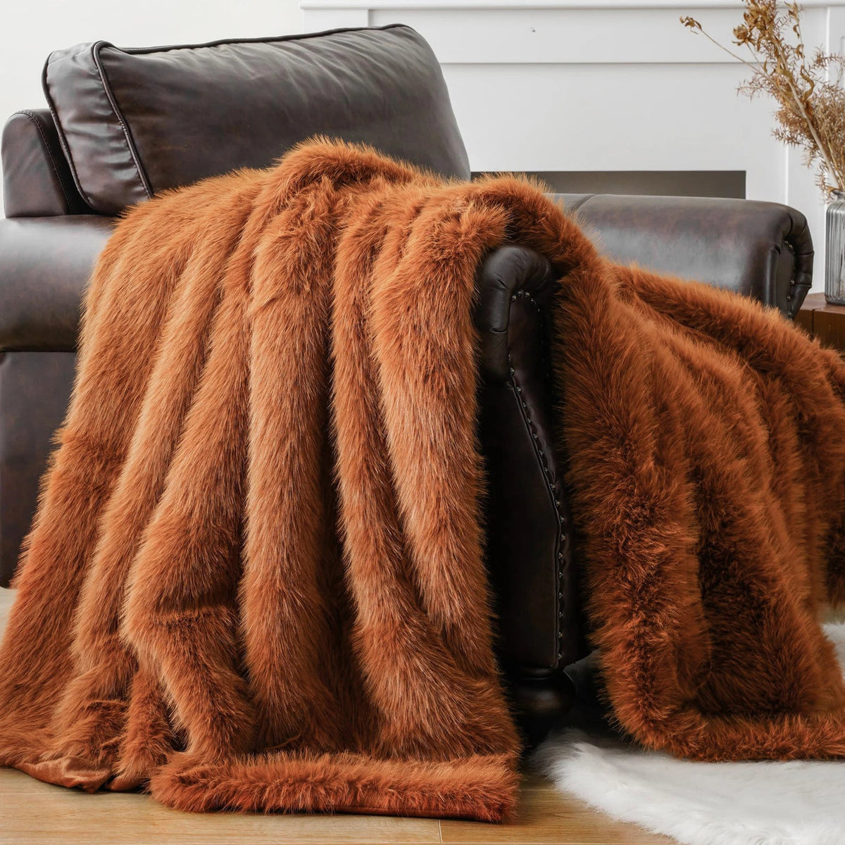 Faux Fur Throw Blanket with Long-Pile Texture and Velvet Backing