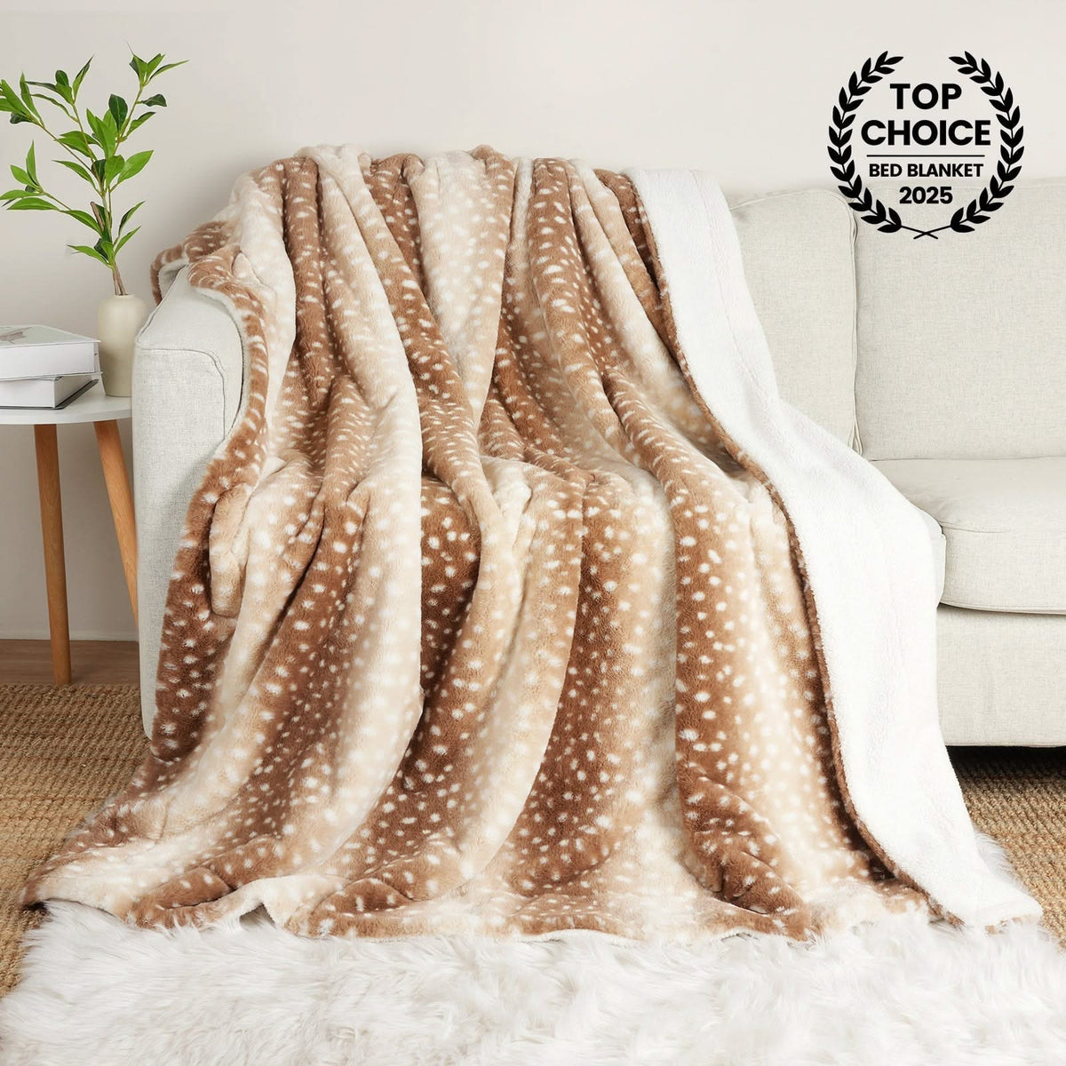 Faux Fur Throw Soft Deer Print, Machine Washable Sofa Blanket