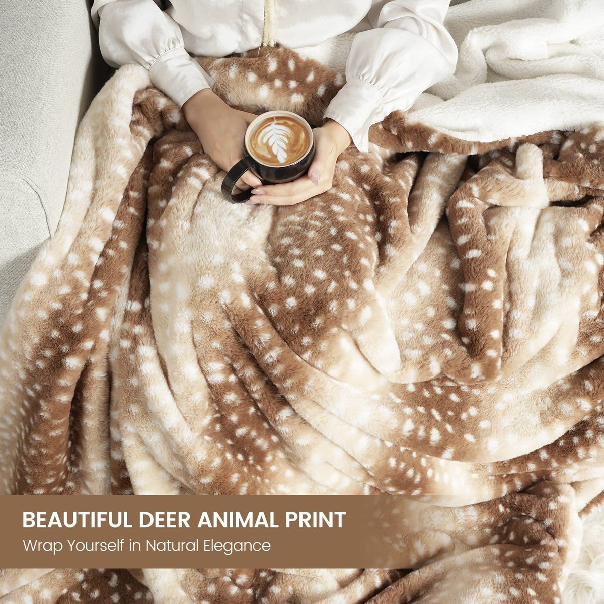 Faux Fur Throw Soft Deer Print, Machine Washable Sofa Blanket