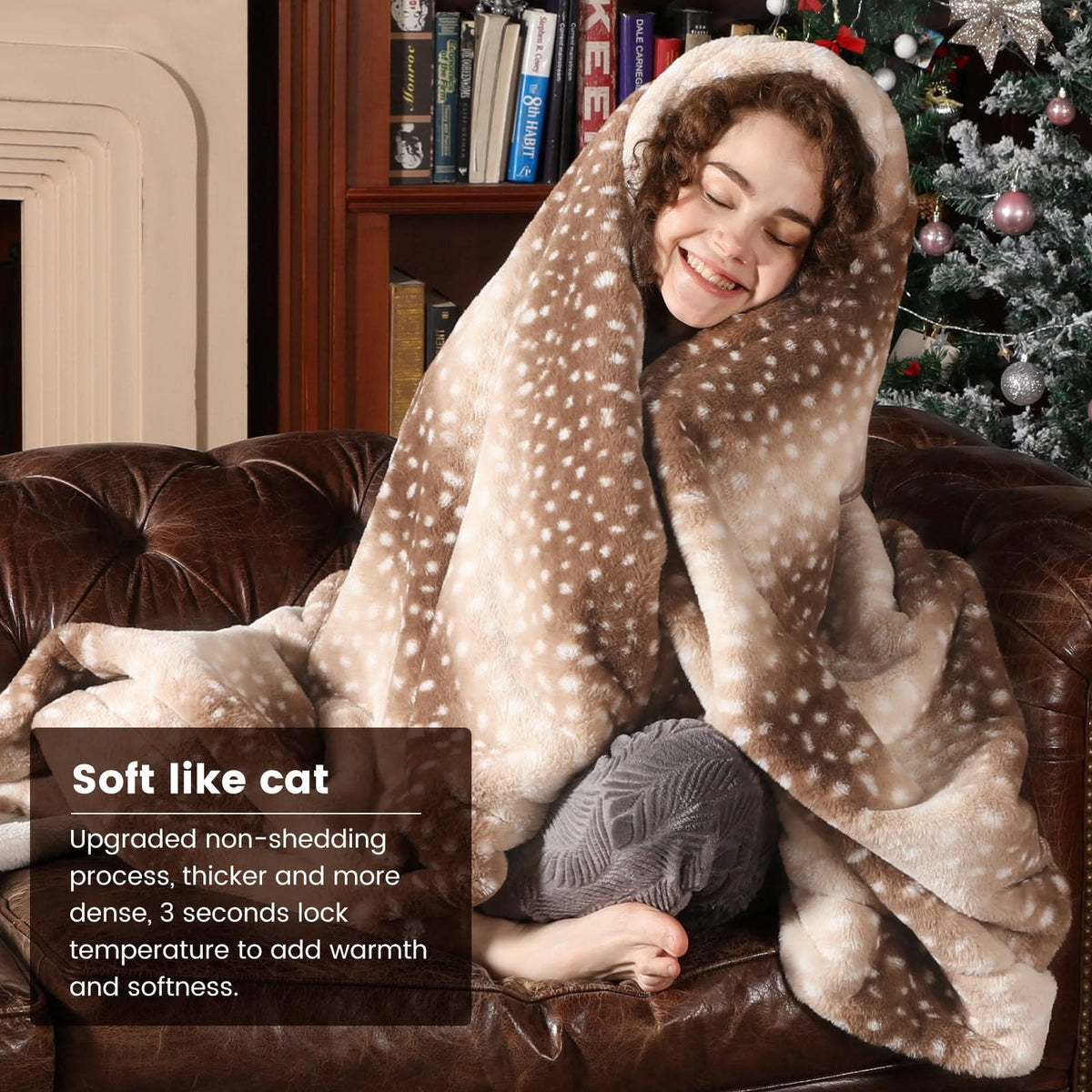 Faux Fur Throw Soft Deer Print, Machine Washable Sofa Blanket