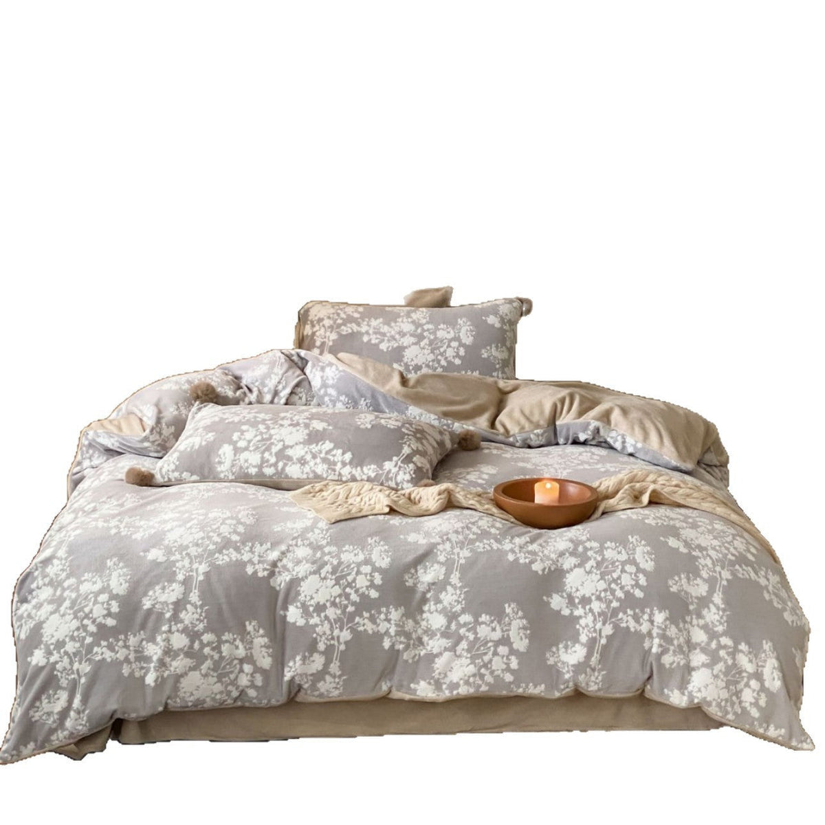 Fleece Bedding Reversible Plush Duvet Cover with Pom-Pom Pillowcases