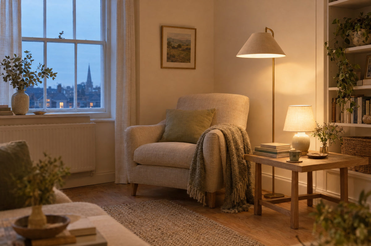 Reading corner at dusk with a linen armchair, a floor lamp and a glowing table lamp