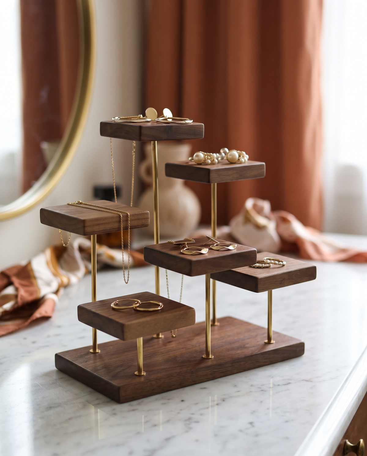 Jewellery Organiser in Walnut and Brass, Stepped Display Stand