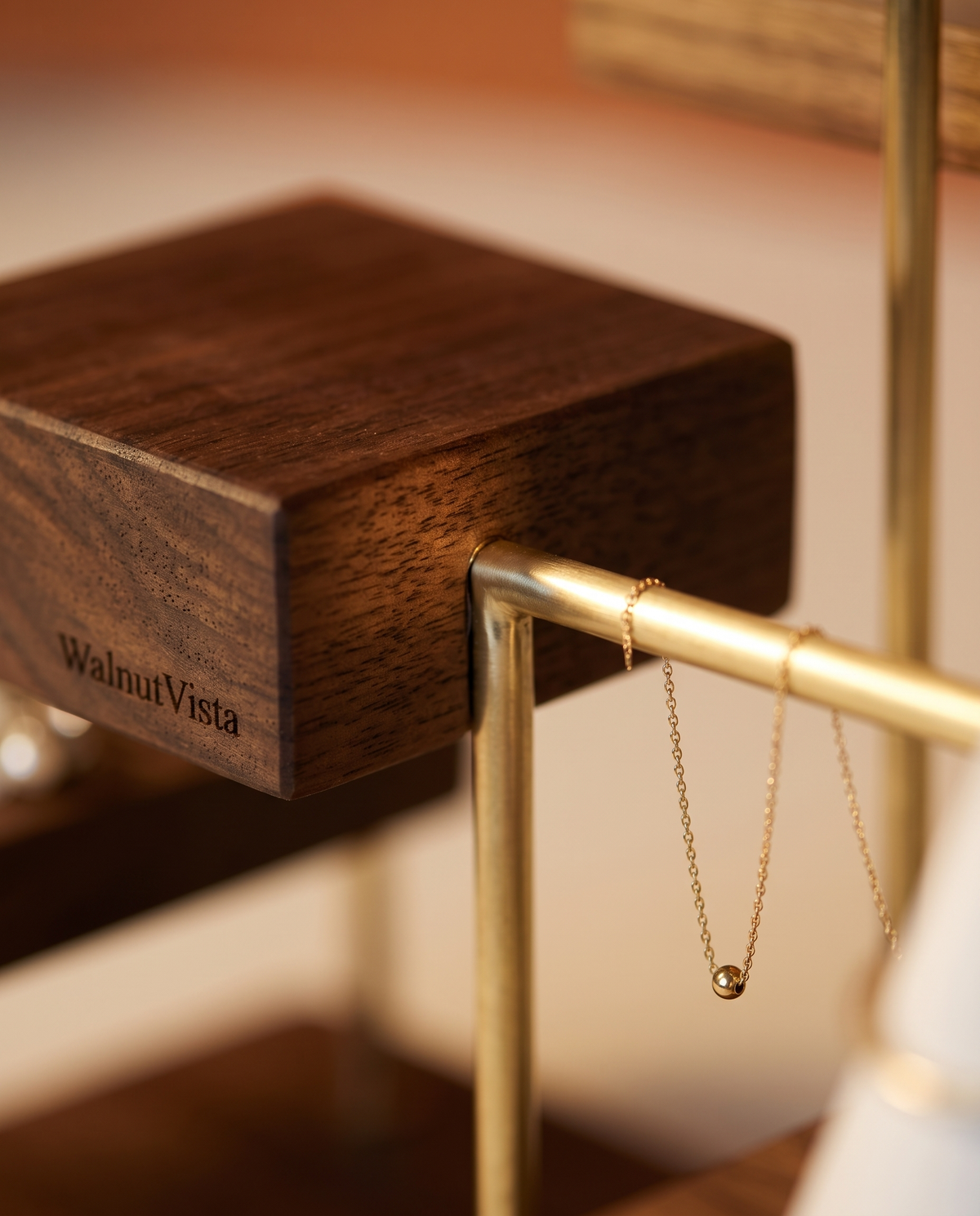 Jewellery Organiser in Walnut and Brass, Stepped Display Stand