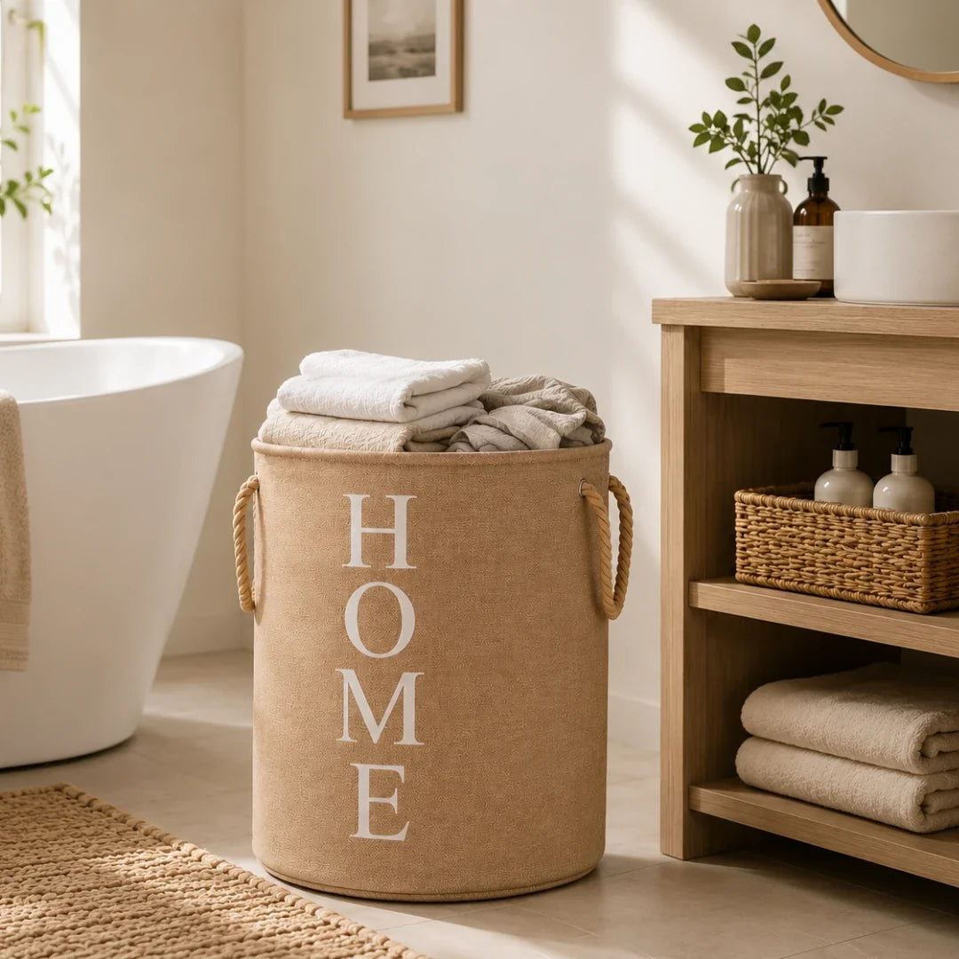 Laundry Basket in Woven Linen Look, Foldable and Breathable