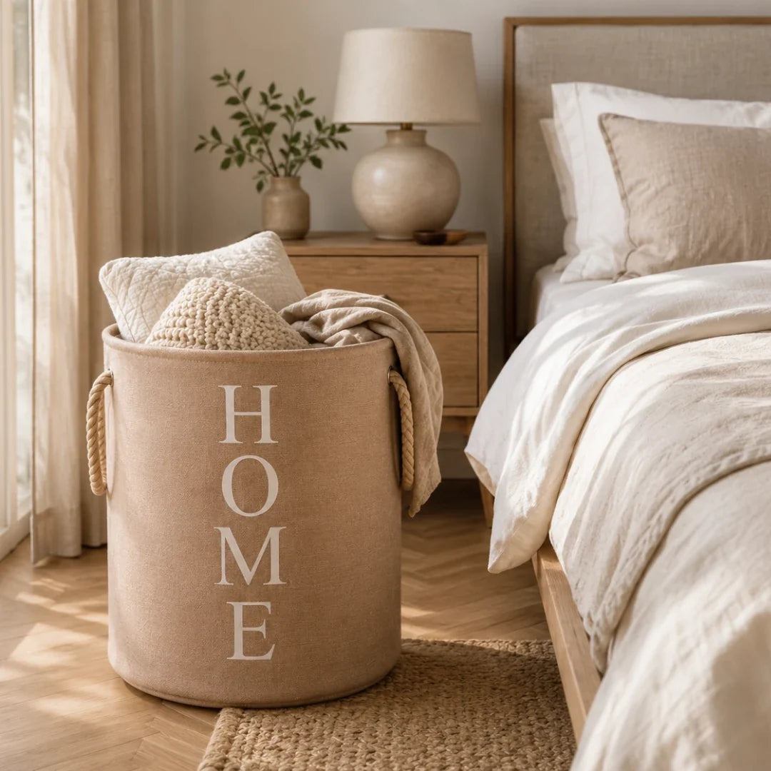 Laundry Basket in Woven Linen Look, Foldable and Breathable