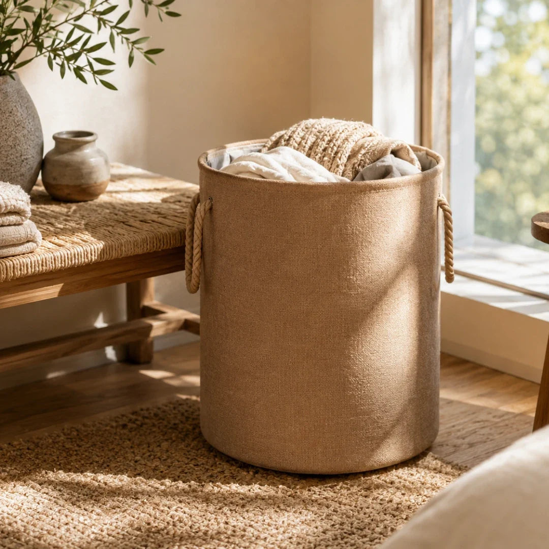 Laundry Basket in Woven Linen Look, Foldable and Breathable