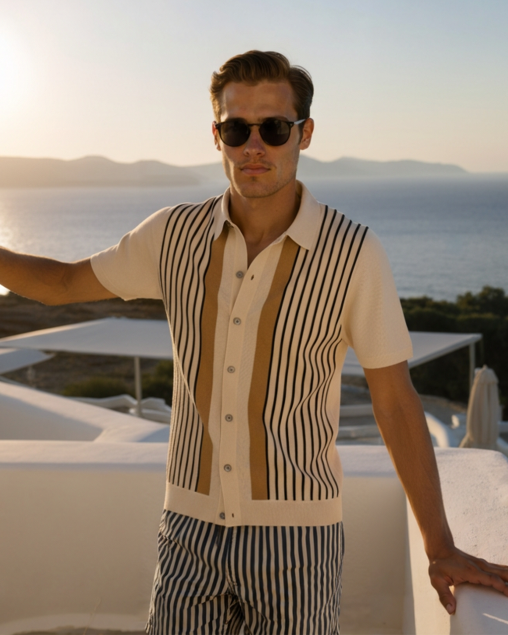 Men's Button-Front Knit Shirt With Striped Panels - Beige