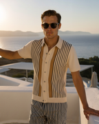Men's Button-Front Knit Shirt With Striped Panels - Beige